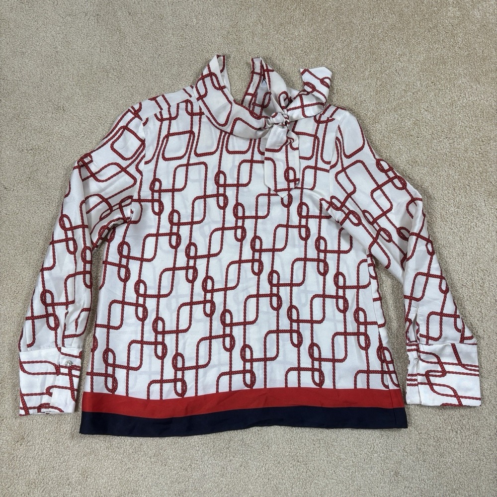 Zara High Neck Red Rope Jewel Long Sleeve Bow Top Size XS Button Back Blouse